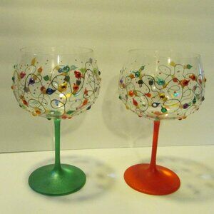 set of 2 painted wine glasses Christmas string lights Smithereens